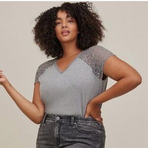 Torrid Gray Lace Sleeve V Neck Top Size 2